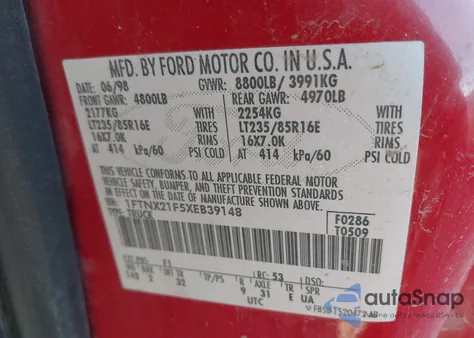 1999 Ford F-250 Lariat/Xl/Xlt from USA, damaged, VIN 1FTNX21F5XEB39148